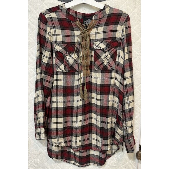 Angie Plaid Lace-Up Tunic Top Women’s Size S Red Cream Long Sleeve Western Boho - Picture 1 of 6